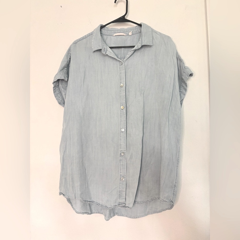 SOFT SURROUNDINGS LIGHT BLUE BUTTON UP SHORT SLEEVE TOP SZ PETITE LARGE